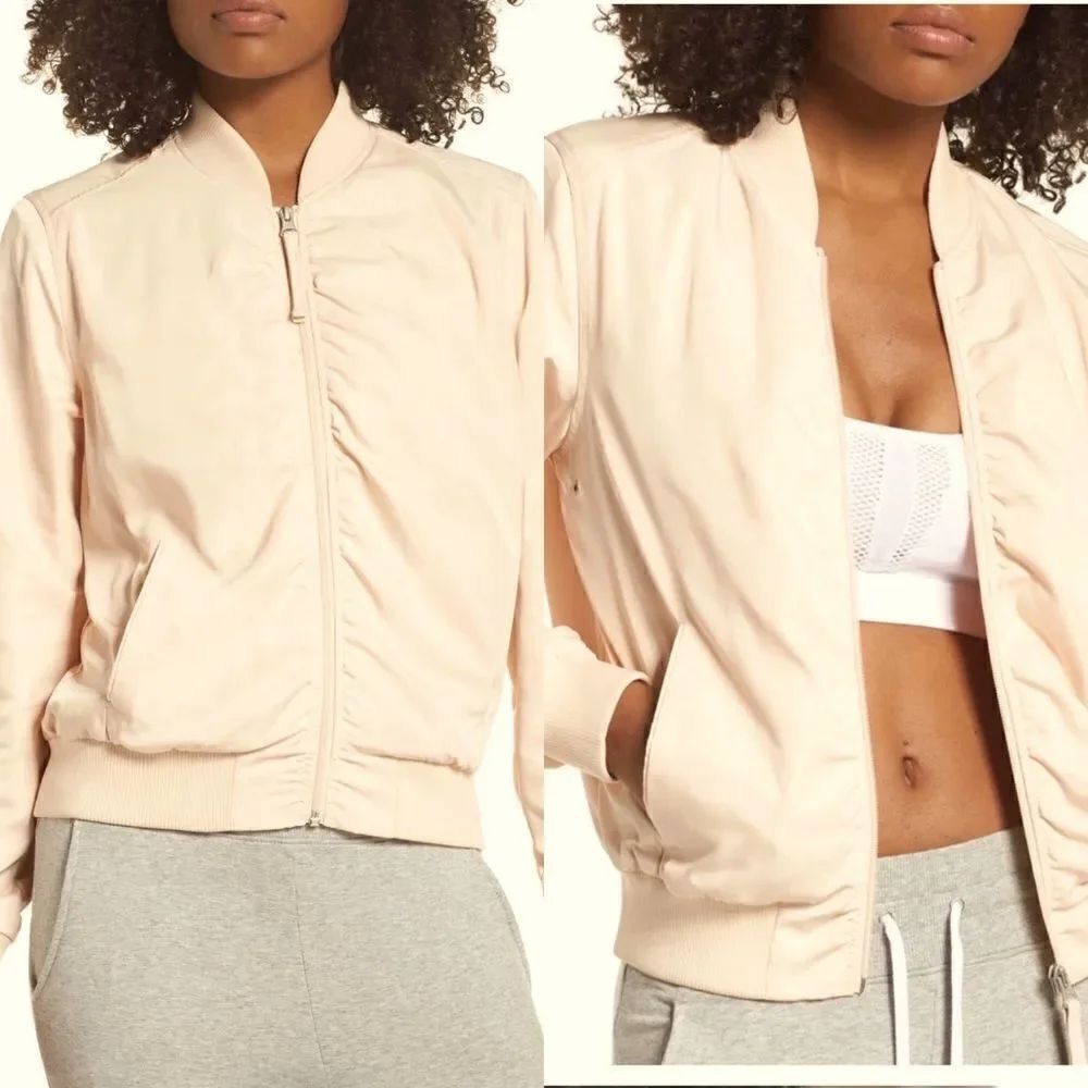 Zella Ella Satin Bomber blush pink Full zip varsity jacket size S